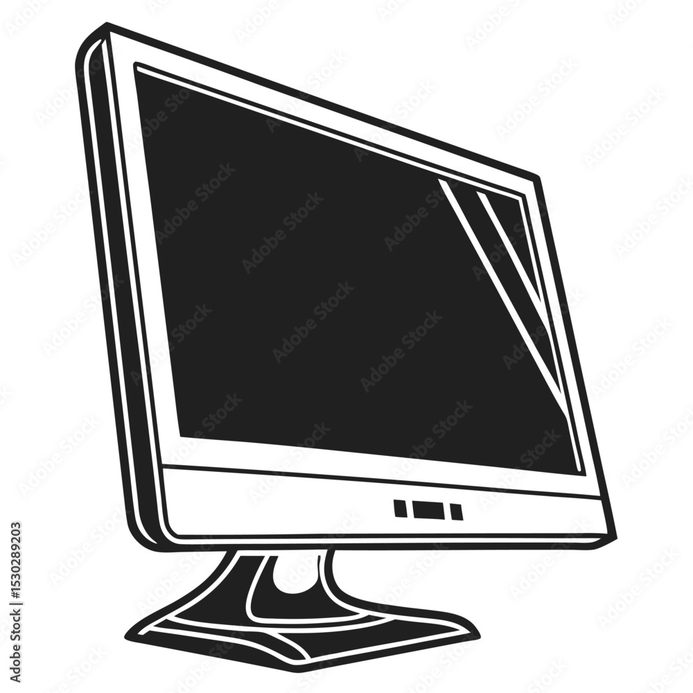 Poster black and white illustration of a computer monitor with a stand angled view