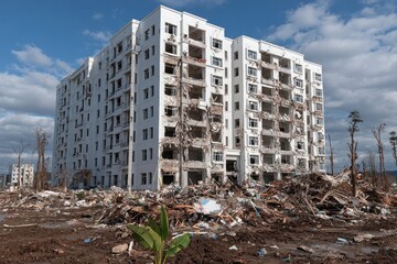 Debris is scattered around a white apartment building. These buildings have been destroyed by tornadoes or hurricanes, with broken windows and damaged walls visible on all floors