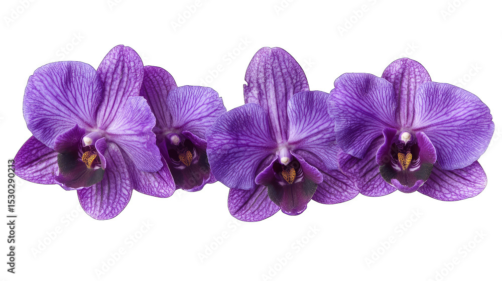 Poster three purple orchids arranged in a row isolated on a transparent background