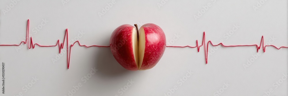 Aufkleber red apple sliced into heart shape with heartbeat line illustrating the connection between health and