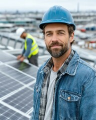 Obraz premium Solar panel installation by skilled workers.