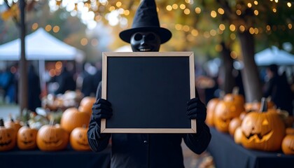 Person in Faceless Costume Holding Halloween Menu Board at Party