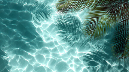 Top view of clear turquoise tropical water with palm leaves casting shadows on the surface.
