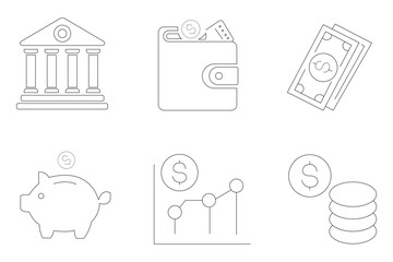 Money management related icon set. Money, piggy bank, calculator, budget, savings, loan, Finance, cash, earning, income, wallet, currency, dollar, card, coin, revenue, and profit icon set. EPS 10