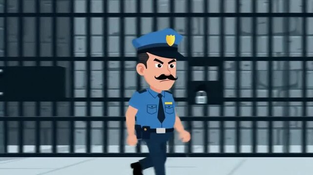 Cartoon Prison Guard at Jail Bars A vibrant cartoon illustration of a stern prison guard in a blue uniform standing in front of jail bars, with a gray stone cell in the background. Perfect for law 