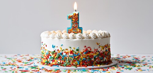 A celebratory cake with white frosting and a number one candle for a first birthday party