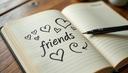 Fototapeta premium Doodles of hearts and friends sketched in a notebook on a wooden table 