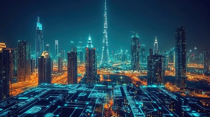 Fototapeta premium A futuristic city where all payments are made through digital cryptocurrency