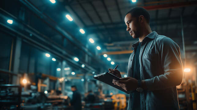 A factory worker wearing a helmet and safety gear, writing on a clipboard, symbolizing industrial work, safety, and professionalism in a manufacturing environment.