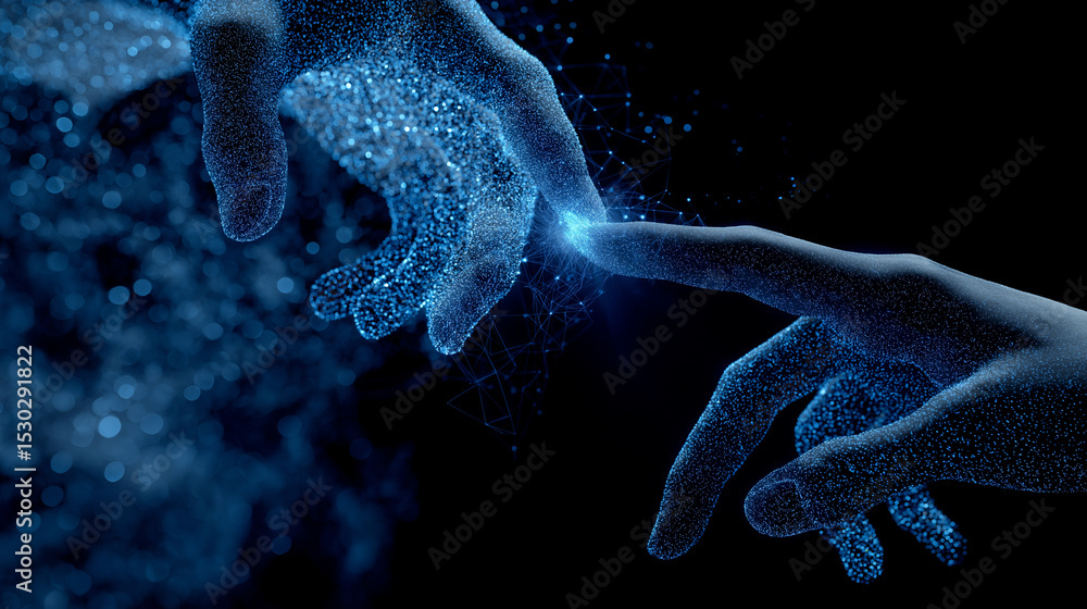 Poster a digital representation of a human hand reaching out to a digital or robotic hand, symbolizing the 