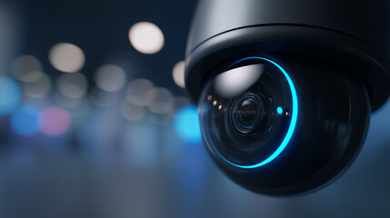 Close-up of a modern dome security camera with a blue ring light, representing advanced surveillance technology in urban areas.