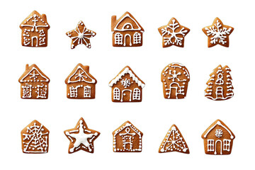 An Assortment Of Gingerbread Cookies In Various Shapes Including Houses Stars And Snowflakes The Cookies Are Decorated With White Icing And Arranged In A Grid Pattern On A Transparent Background