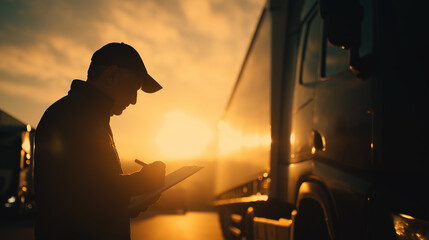 A truck driver standing in silhouette against the sunset, holding a clipboard and completing paperwork, symbolizing hard work and logistics.