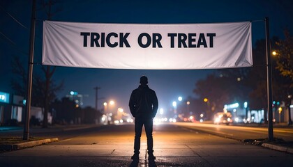 Faceless Figure Standing Under Trick or Treat Banner at Night