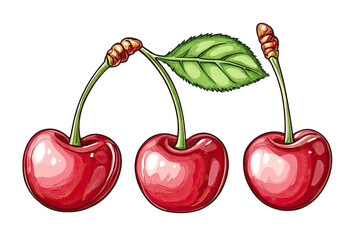 Three Ripe Cherries With Stems And A Green Leaf Isolated On A Transparent Background