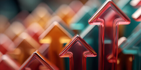 3D render of glass arrows pointing upwards on a blurred background, with red and orange colors, representing a stock market concept.