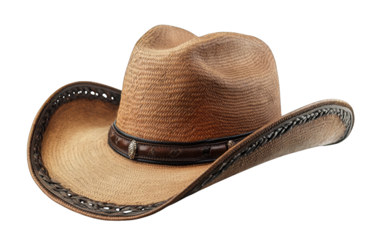 A Brown Straw Cowboy Hat With A Brown Leather Band And A Silver Buckle Isolated On A Transparent Background