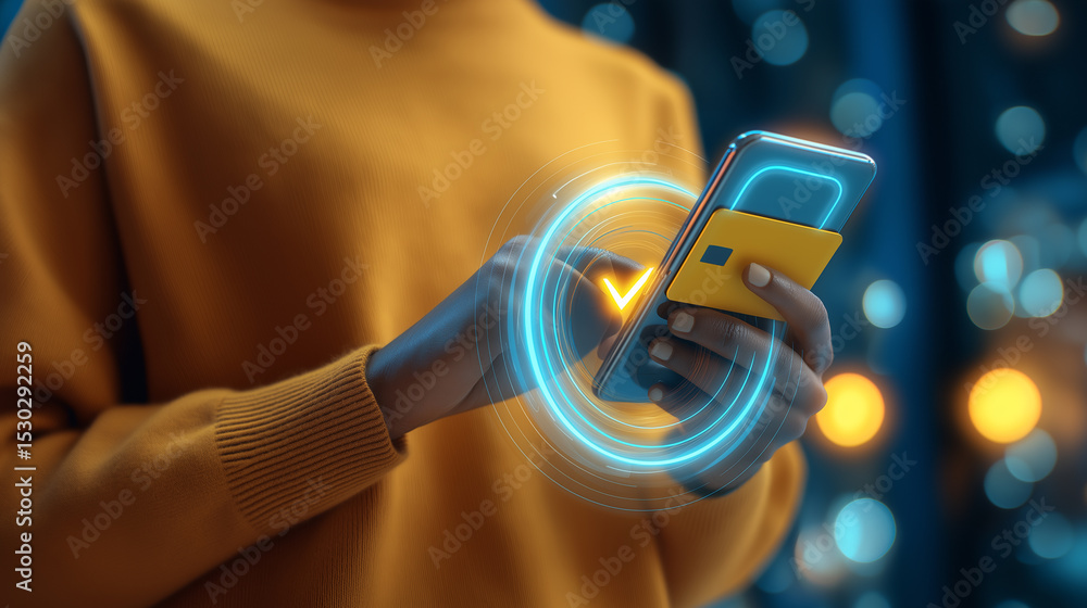 Poster a person using a smartphone and a credit card with digital financial data visualization, representin