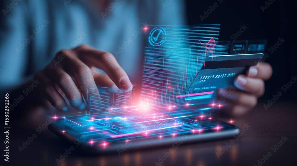 Poster a person using a smartphone and a credit card with digital financial data visualization, representin