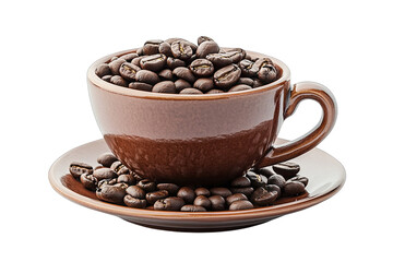 A Brown Coffee Cup And Saucer Filled With Coffee Beans
