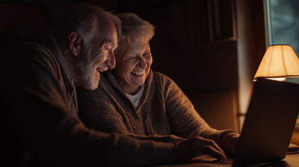 Fototapeta premium An elderly couple smiling and enjoying time together while using a laptop in a cozy, warm-lit living room, symbolizing companionship and modern technology in later life.