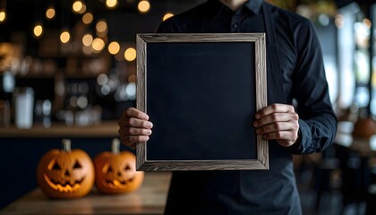 Faceless Person Holding Halloween Menu Board in Cozy Cafe Setting