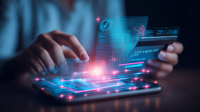 A person using a smartphone and a credit card with digital financial data visualization, representing online shopping, digital payments, and the growth of financial technology.