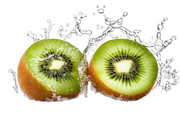 Two Halves Of A Kiwi Fruit Splashing Into Water Creating A Dramatic Water Spray The Fruit Is Cut In Half Revealing Its Green Flesh And Black Seeds Shot Against A Transparent Background Highlighting Th