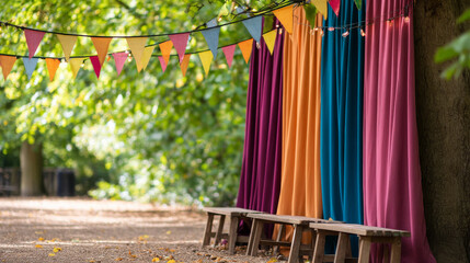 Colorful drapes and festive triangular buntings adorn this outdoor setting against a forested background.