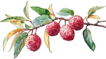 Watercolor Painting Of A Branch With Red Lychee Fruit And Green Leaves