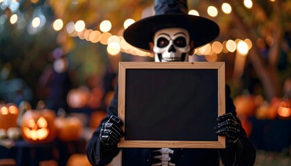 Spooky Faceless Cosplay with Menu Board at Halloween Party Celebration