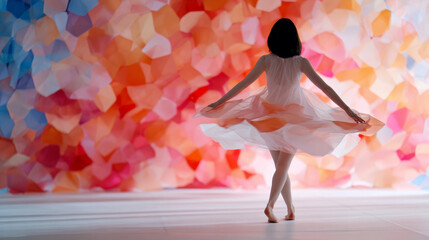 A woman twirling gracefully in a flowing white dress with a vivid and colorful abstract background, evoking feelings of elegance and creativity in motion.