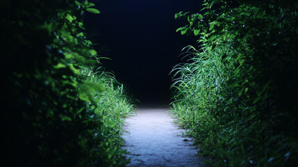 Path illuminated at night surrounded by lush plants and vegetation showcasing mysterious and serene atmosphere