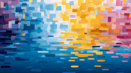 Abstract geometric art of colorful rectangles overlapping on a textured gradient background with soft blue, yellow, and pink hues