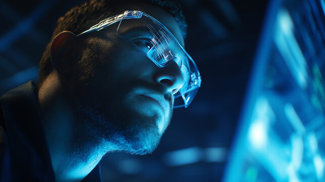 A young man with protective glasses examining a digital display, emphasizing the theme of high-tech work and digital innovation.