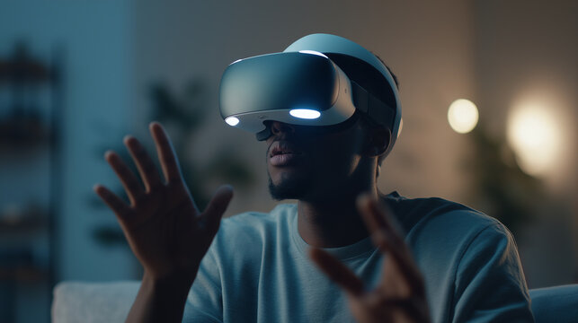 A person wearing a virtual reality headset, interacting with the virtual environment, immersed in digital technology.