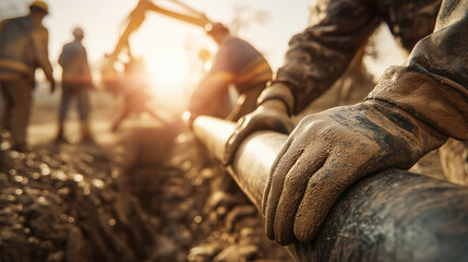 Fototapeta premium Workers laying down a pipeline at a construction site during sunset, emphasizing teamwork and hard work.