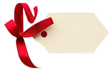 A Blank Beige Gift Tag With A Red Satin Ribbon Tied Into A Bow Isolated On A Transparent Background The Tag Has A Hole And A Red Button