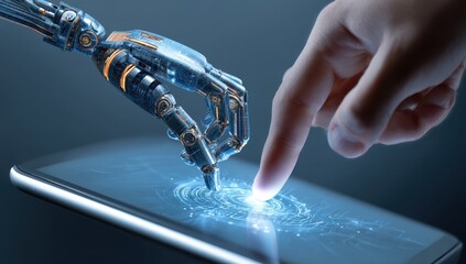 Robotic hand touching a tablet screen