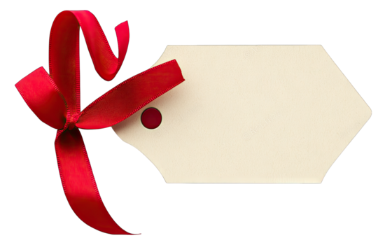 A Blank Beige Gift Tag With A Red Satin Ribbon Tied Into A Bow Isolated On A Transparent Background The Tag Has A Hole And A Red Button