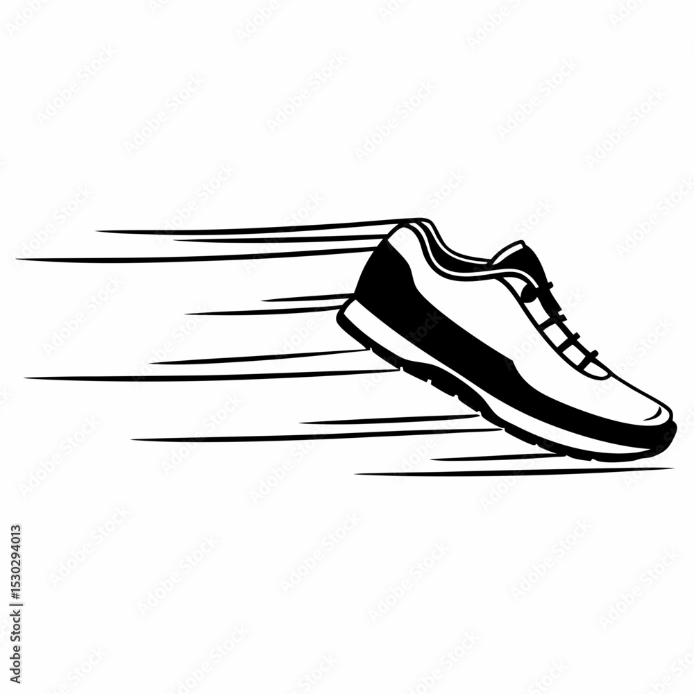 Poster running shoe with speed lines showing motion in black and white