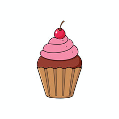 Flat design brown cupcake with pink frosting and cherry