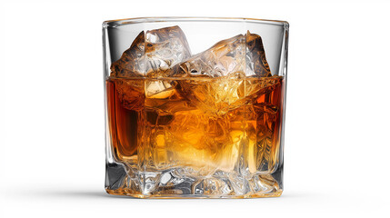 A glass of whiskey with ice cubes, captured from the side, showing the amber-colored drink and ice.
