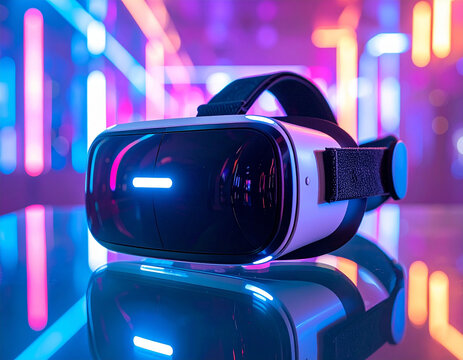 Virtual reality headset with glowing neon lights on glass table, cyber tech concept