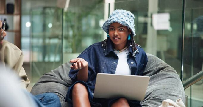 Woman, student and talk with laptop in library for research, study session and education at college. People, online and group project, assignment and preparation for test with information for thesis