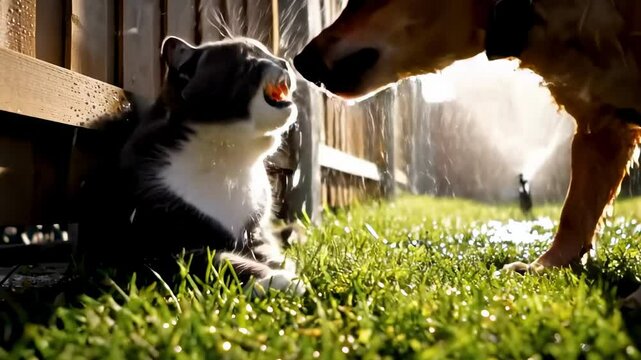 Dog and curious cat fighting in a sunny day in the backyard, with water droplets sparkling in the sunlight - dogs fighting with cats