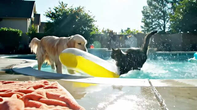 A black cat walks along the edge of a sunny poolside, with a golden retriever splashing nearby and colorful pool floats in the background - dogs fighting with cats