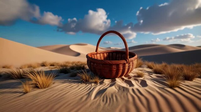 Woven picnic basket sits on sunny desert sand dunes with sparse grasses under a blue sky with white clouds