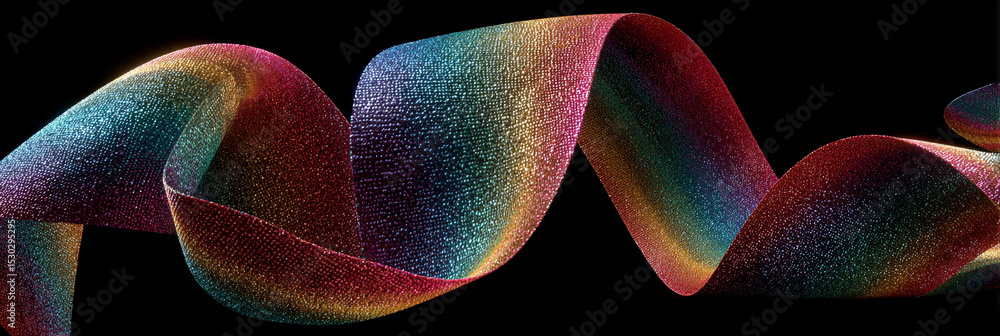 Poster a shimmering rainbow ribbon gracefully curves against a stark black backdrop creating a mesmerizing 