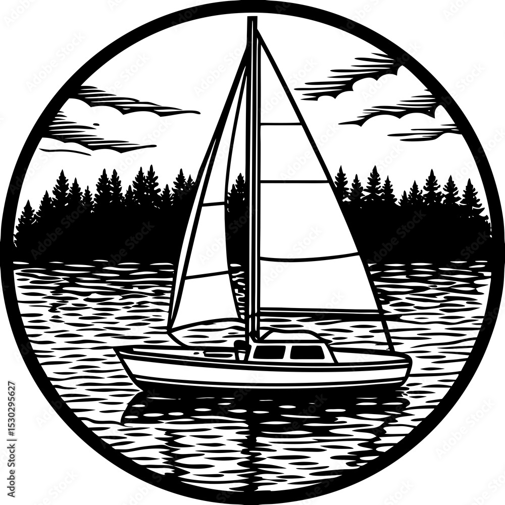 Poster sailboat on water with trees and clouds in circle frame